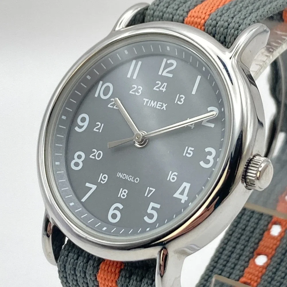 Timex Weekender Men's Watch 38mm Silver Tone Indiglo Gray Orange New Battery